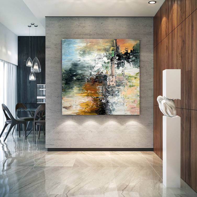 Hallway Handmade Hand-painted Contemporary Pink White Abstract Y0QB9